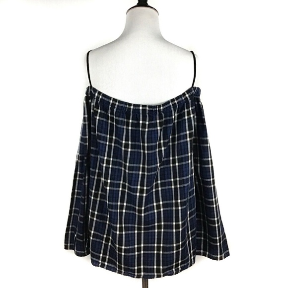 🦋Cloth & Stone Off Shoulder Plaid Blouse Shirt M - Picture 5 of 8